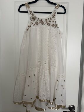 Sleeveless White Mini Dress with Gold Embroidery